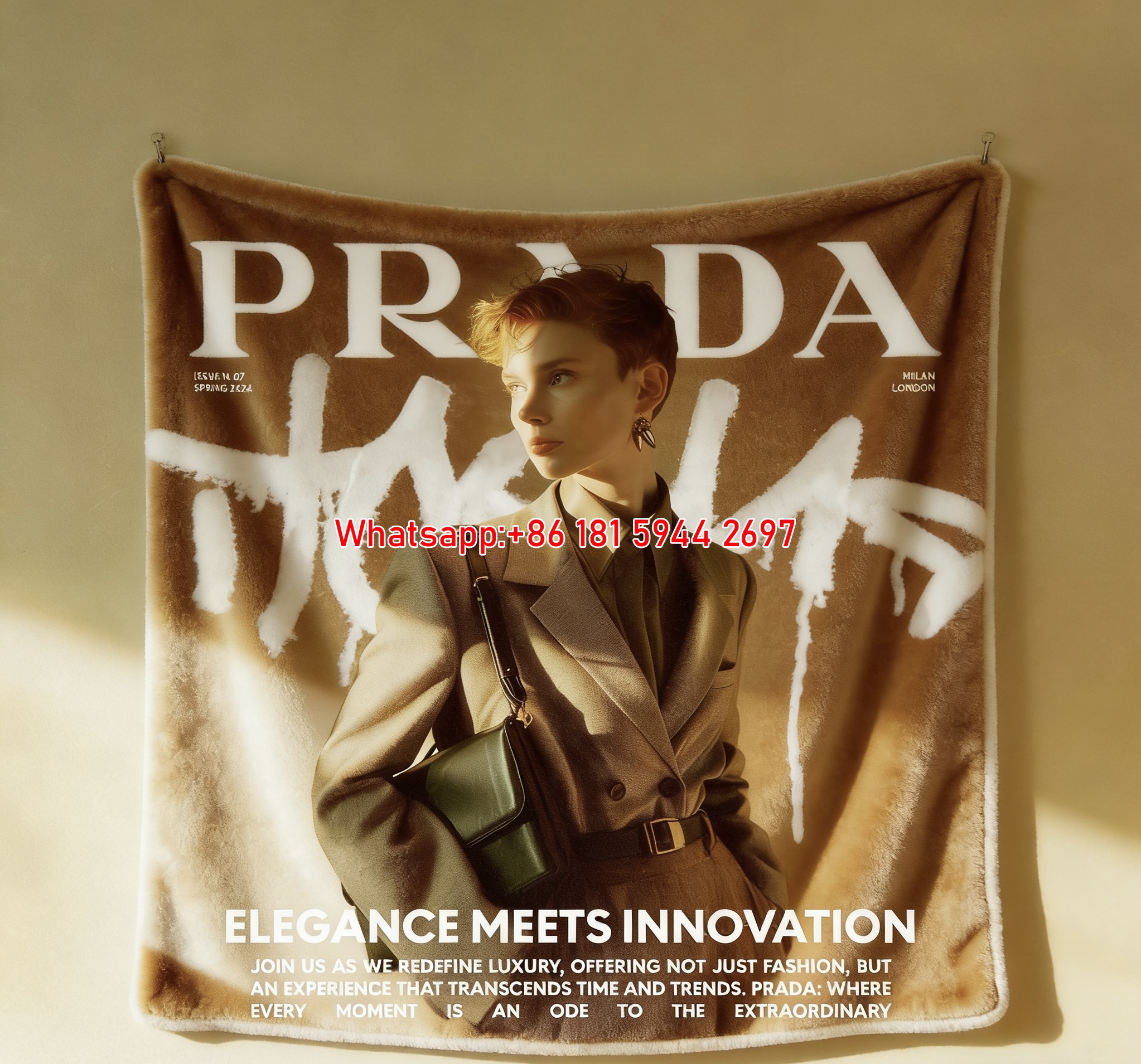 Prada Warm Beige Graffiti Print Flannel Throw Blanket Luxury Designer Sofa Cover Blanket IMG_2850
